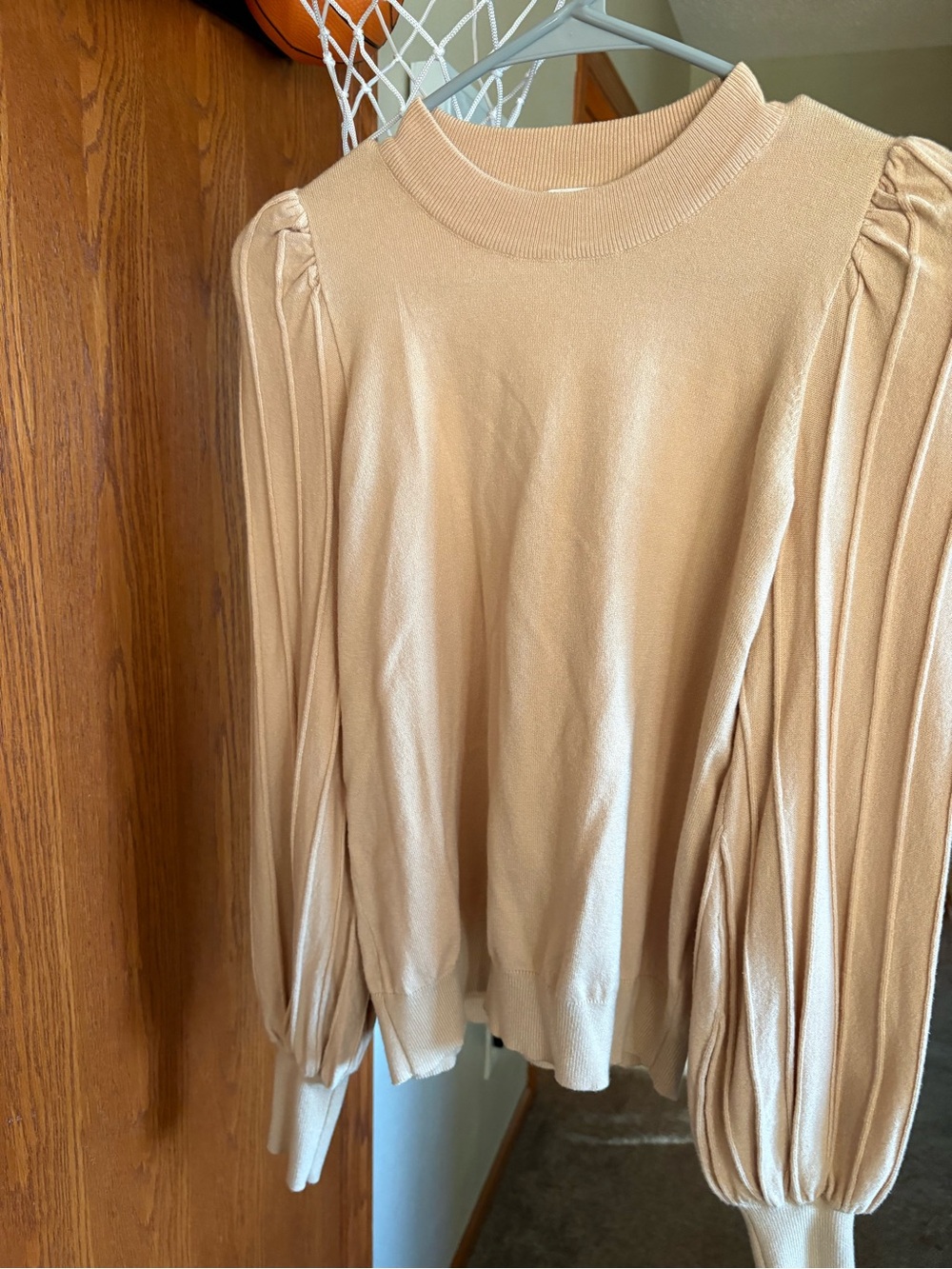 Neutral Beige Puff Sleeve Knit Sweater